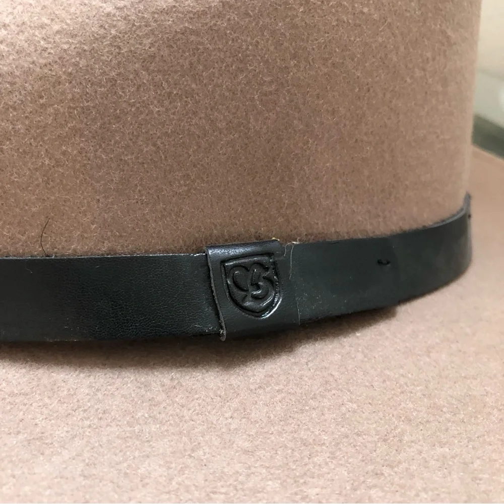 BRIXTON WOOL FELT MEDIUM BRIMMED HAT Sz 7 small 56 CM tan w black leather belt - Picture 2 of 11